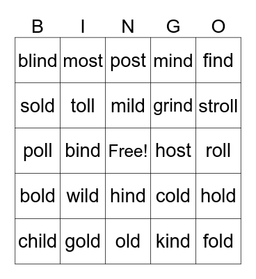 Long Vowel Exceptions Bingo Card