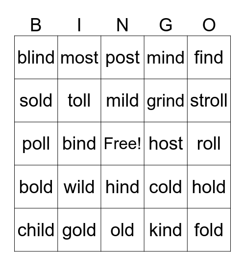 Long Vowel Exceptions Bingo Card