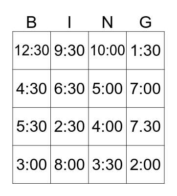 Digital Time Bingo Card