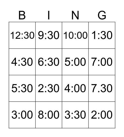 Digital Time Bingo Card