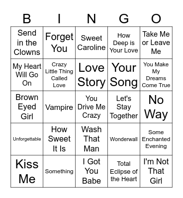 LOVE & BREAKUP SONG 16 BAR Bingo Card