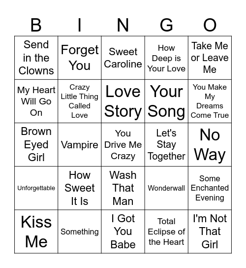 LOVE & BREAKUP SONG 16 BAR Bingo Card