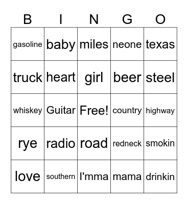 Country Music Bingo Card