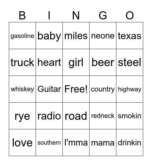 Country Music Bingo Card