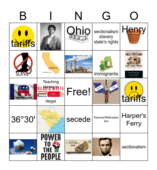 Sectionalism and Road to Civil War Bingo Card