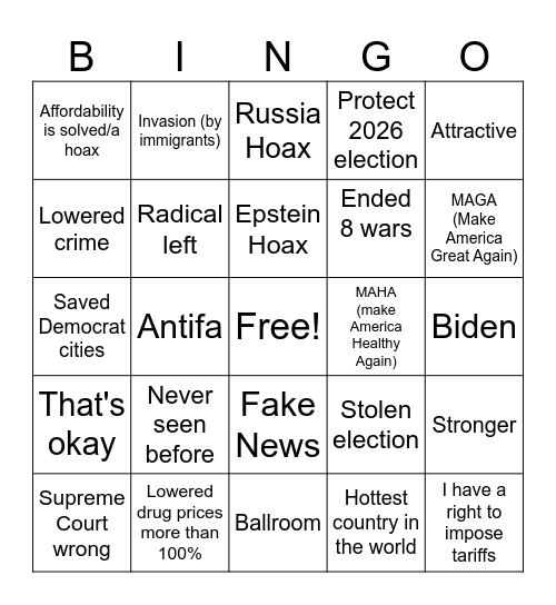 2026 State of the Union Bingo Card