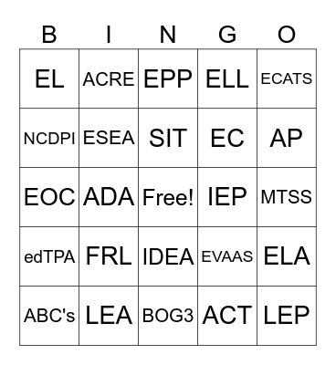 Education Acronyms Bingo Card