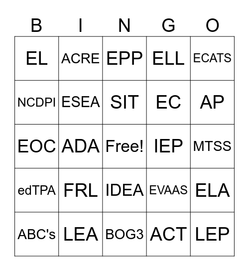 Education Acronyms Bingo Card