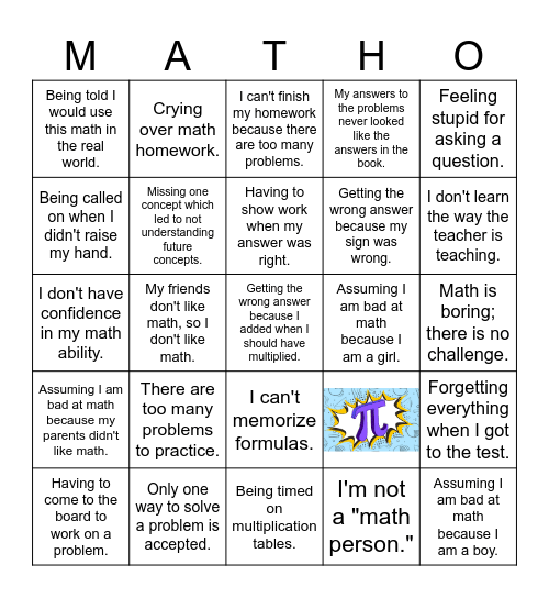 Math Anxiety Bingo Card