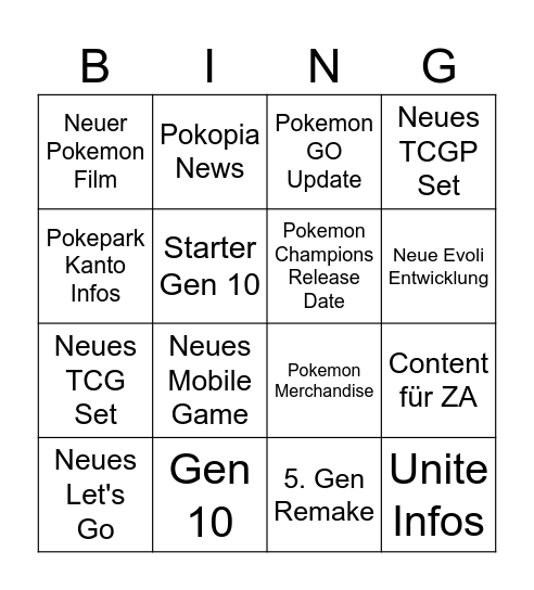 Pokemon Presents Bingo Card