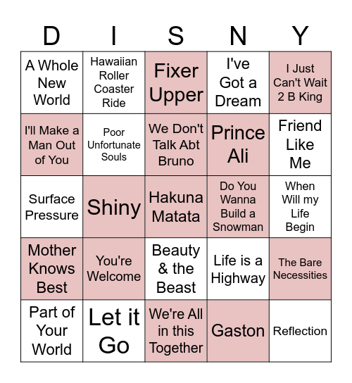 Disney Hits Bingo Card