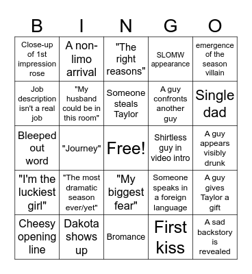 The Bachelorette Night 1 Bingo Card