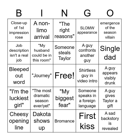 The Bachelorette Night 1 Bingo Card
