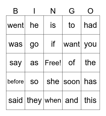 POP! Sight Words Bingo Card