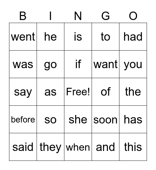 POP! Sight Words Bingo Card
