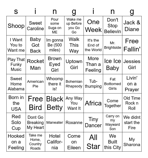 Sing Along Songs 7x7 Bingo Card