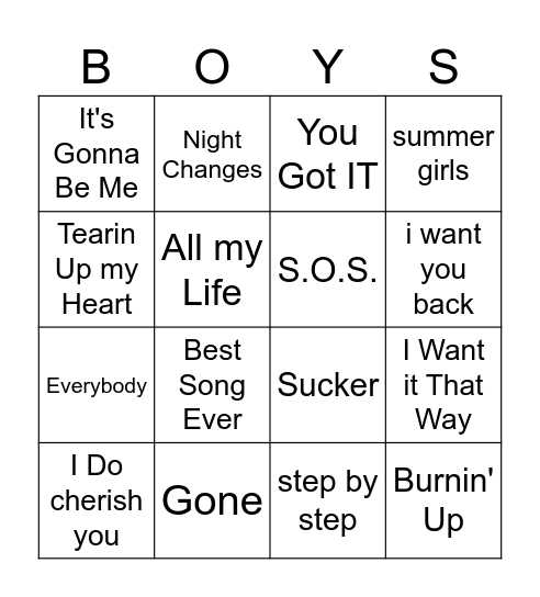 BOY BANDS Bingo Card