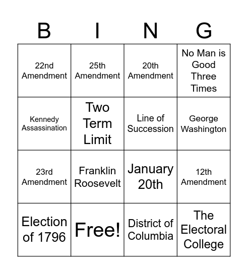 Presidential Amendments Bingo Card