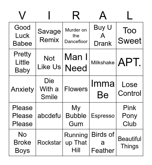 Tik Tok Hits Bingo Card