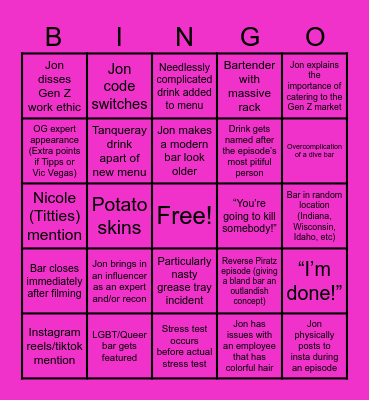 Bar Rescue Season 10 Bingo Card