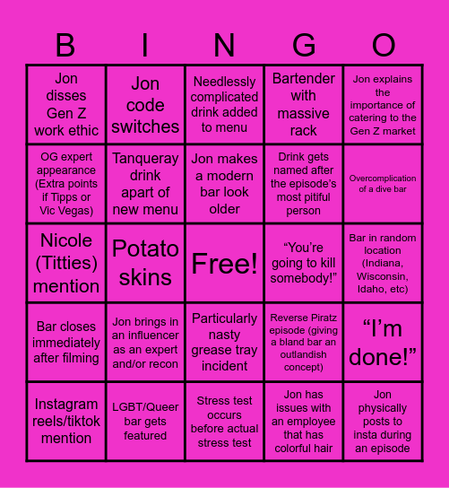 Bar Rescue Season 10 Bingo Card