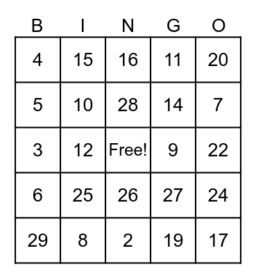 Addition Bingo Card