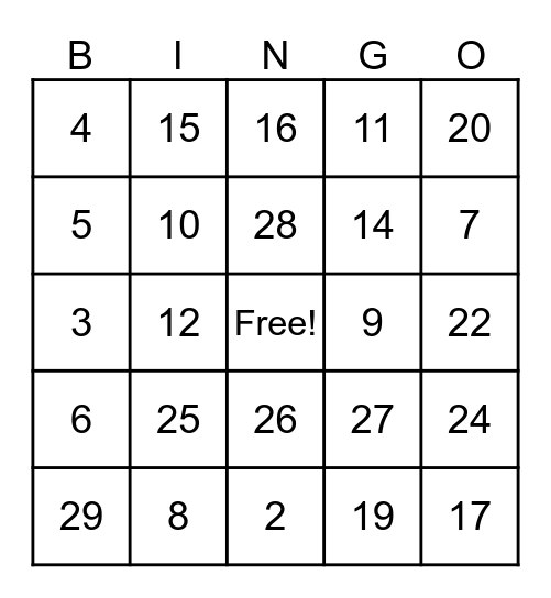 Addition Bingo Card