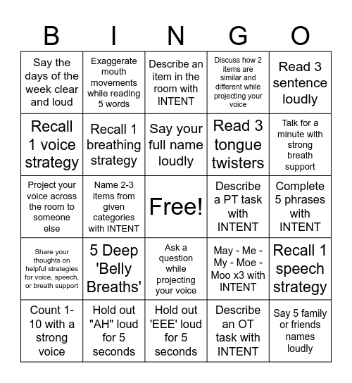 Speech & Voice BINGO Card