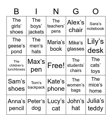 Possessive Nouns Bingo Card