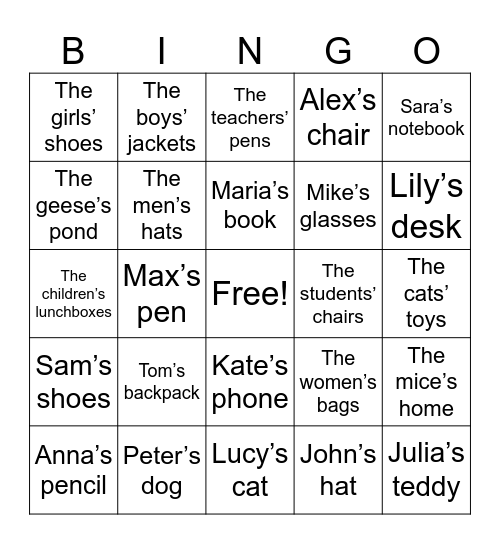 Possessive Nouns Bingo Card