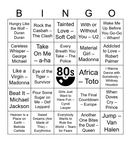 Totally Awesome 80s Bingo Card