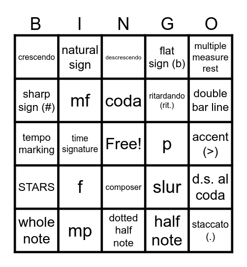 BHMS 7/8th Band Bingo Card