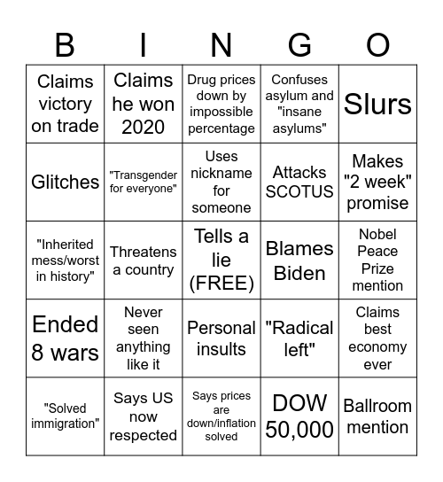 Trump SOTU 2026 Bingo Card