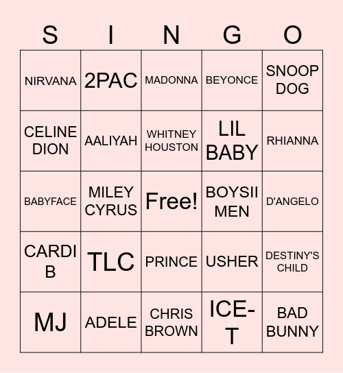 90s Music Bingo Card