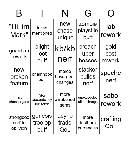 Poe 3.28 Mirage Bingo Card