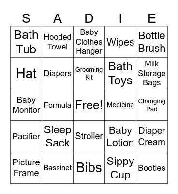 Sadie Nicole Bingo Card