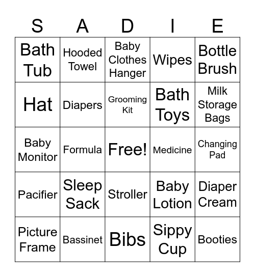 Sadie Nicole Bingo Card