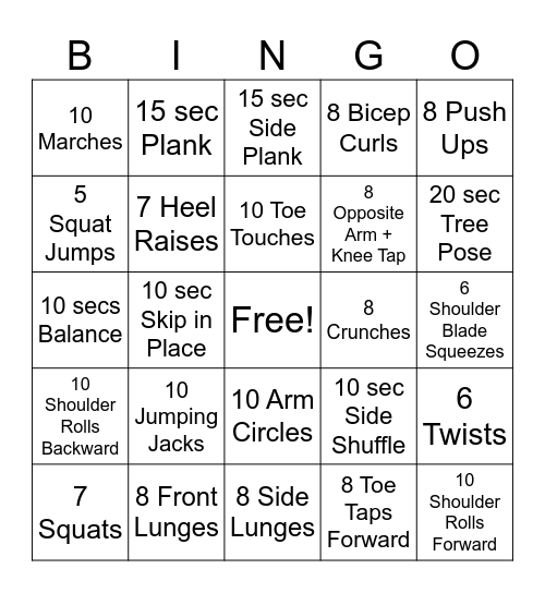 Fitness Bingo Card