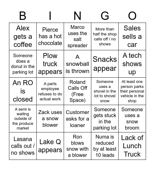 Snow Day Bingo Card