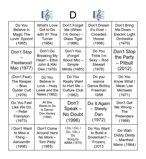 "Do's" & "Don'ts" Bingo Card
