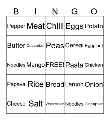 Food Bingo Card