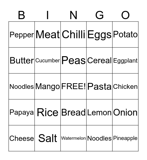 Food Bingo Card