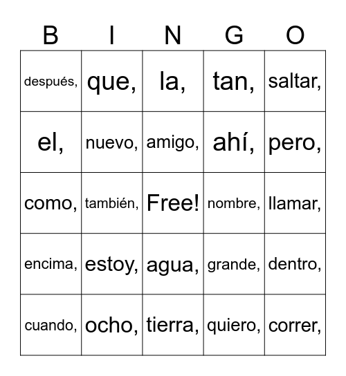 Palabras de uso frecuente Unidades 1-3 Bingo Card