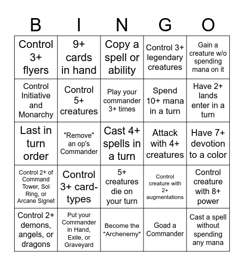Commander Cube Bingo Card