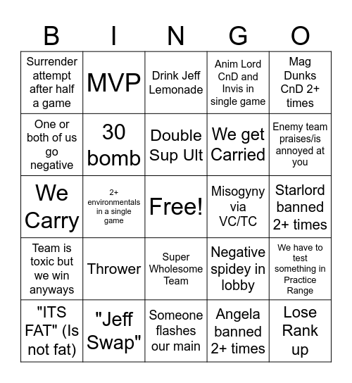 Rivals Bingo Card