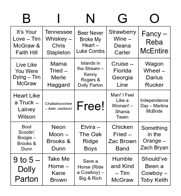 Country Jams (Full) Bingo Card