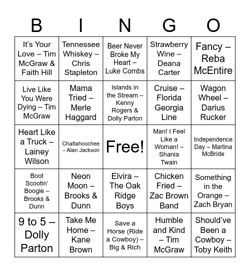 Country Jams (Full) Bingo Card