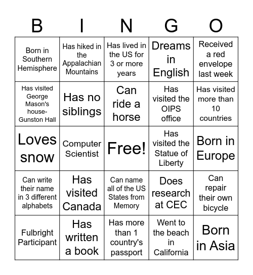 International BINGO Card