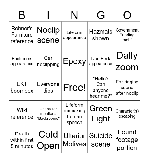 Backrooms Movie Bingo Card