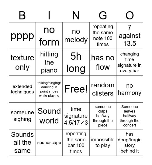 Contemporary Music Bingo Card